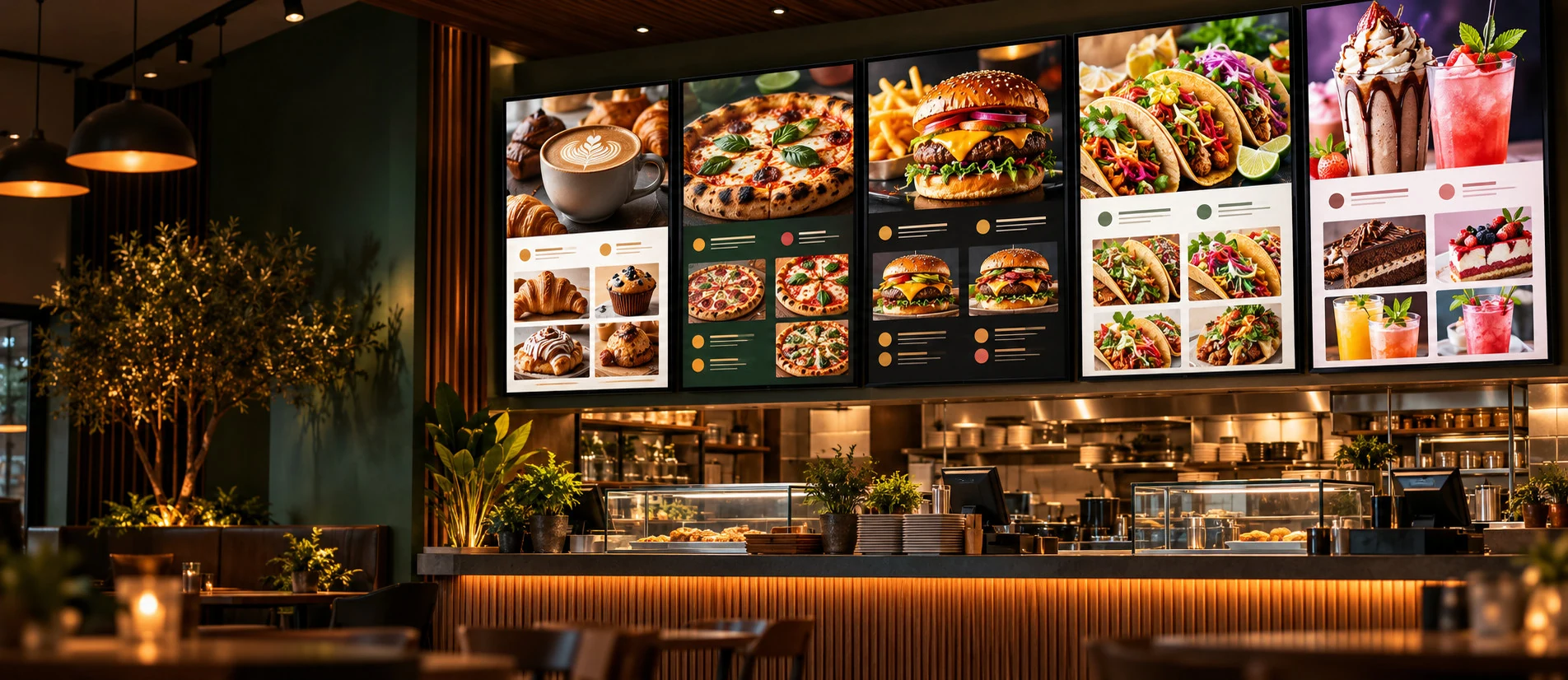 Five digital menus featuring coffee, pizza, burgers, tacos, and desserts