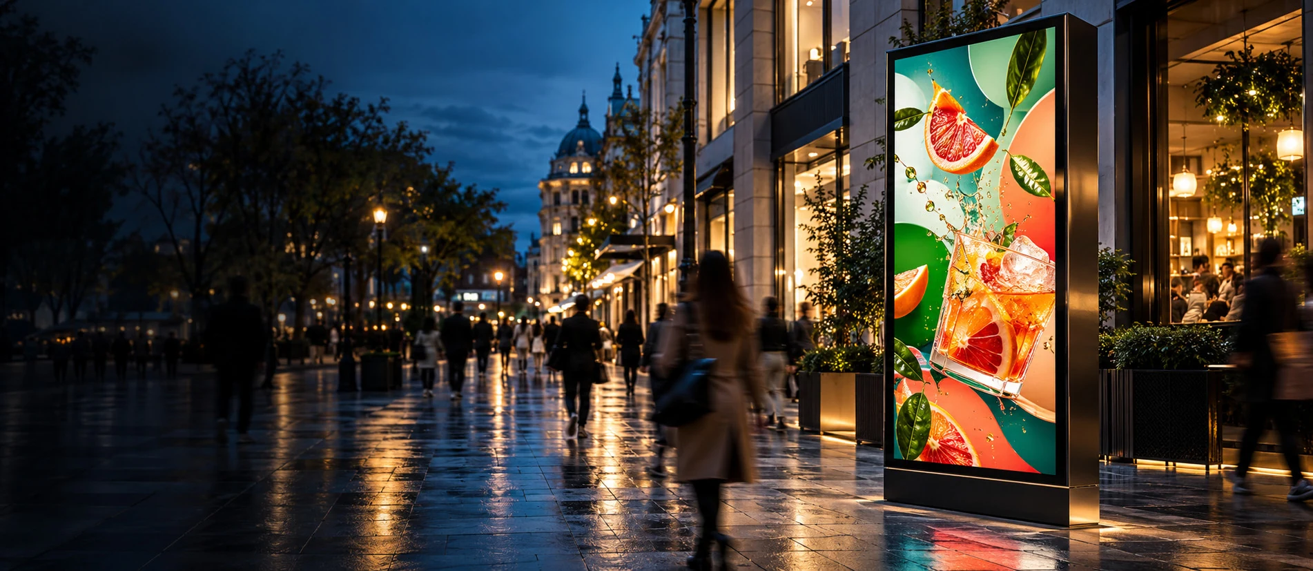 Outdoor digital display in a busy city street at dusk