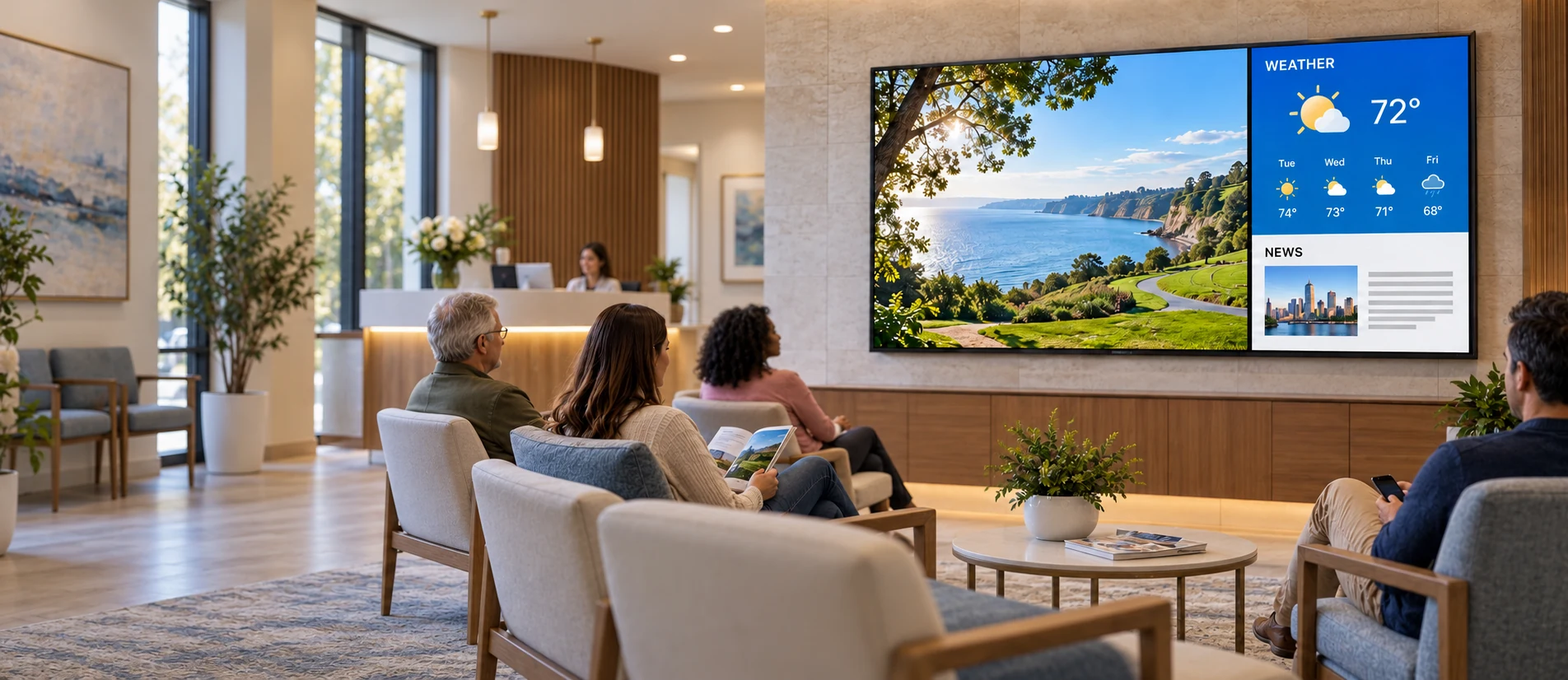 Doctor office waiting room with several seated patients and a display showing video, weather, and news