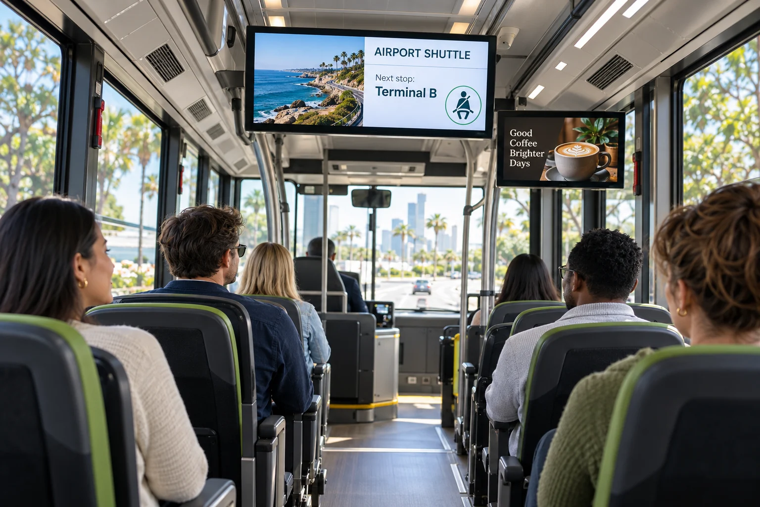 Passengers inside a shuttle bus watching digital screens with destination information and an advertisement.