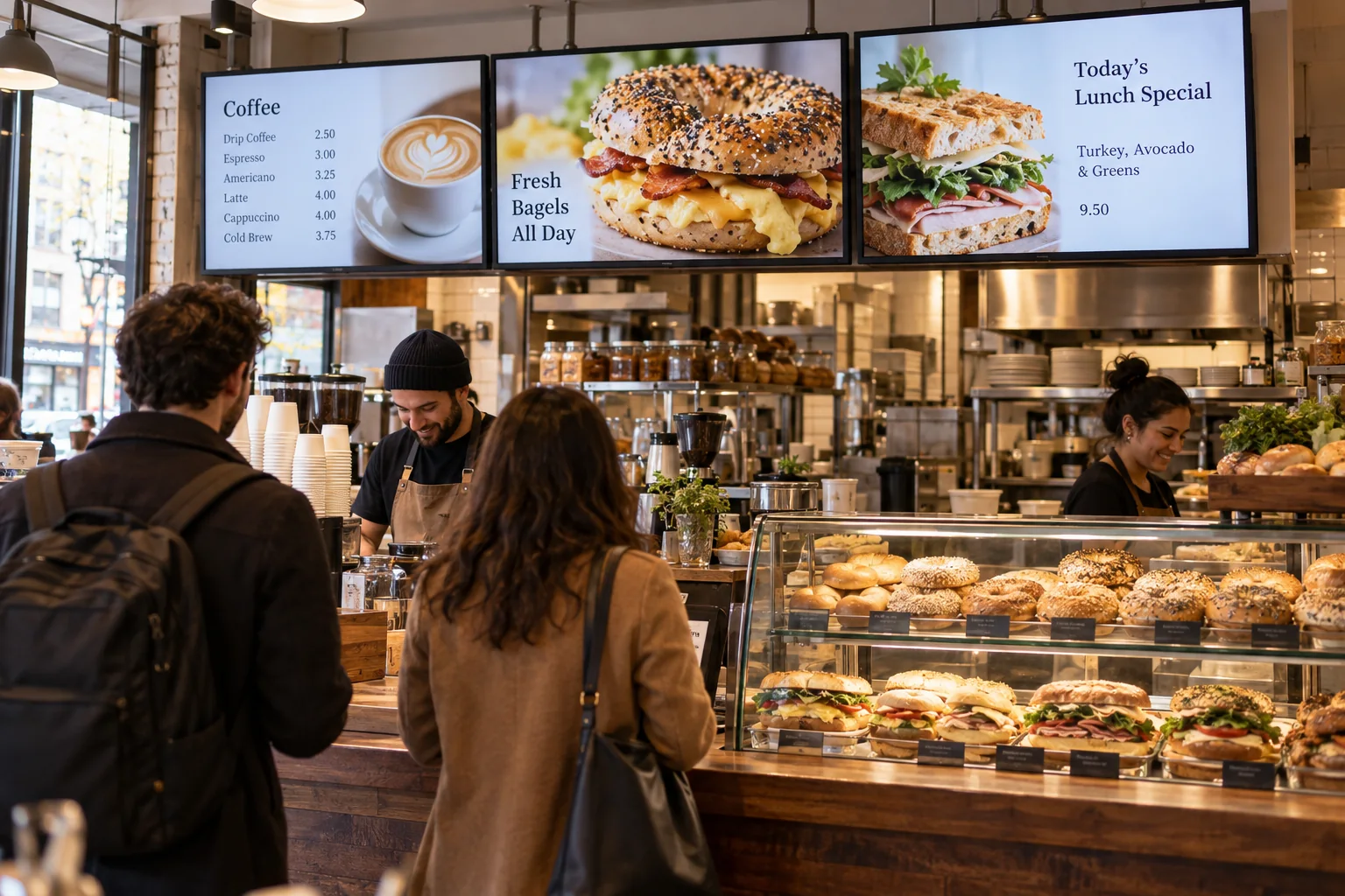 Deli de barrio con menús digitales de desayuno y sándwiches sobre el mostrador.