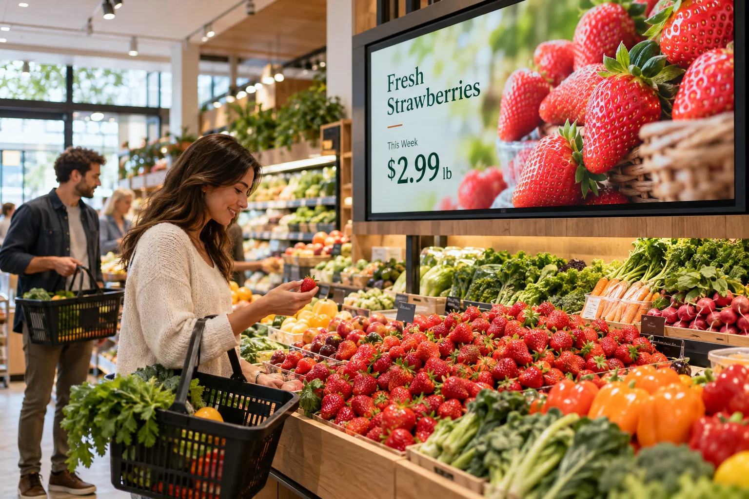 Área de frutas de un supermercado con una pantalla digital que anuncia fresas frescas.