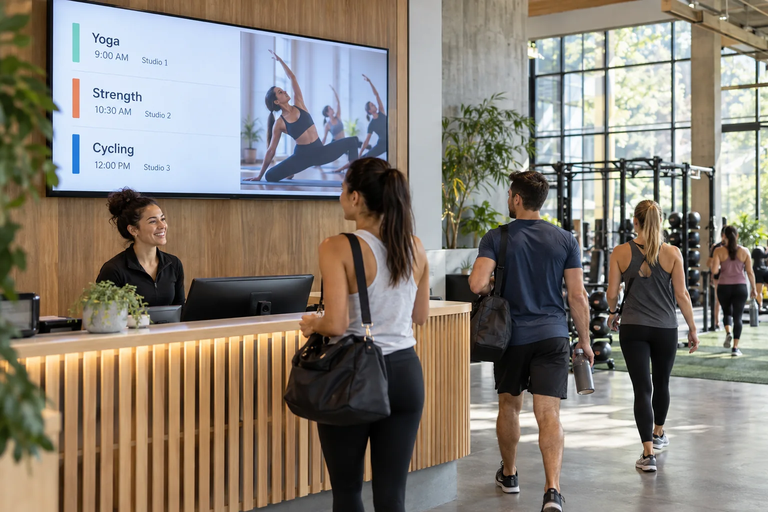 Recepción de gimnasio con un horario digital de clases y socios que llegan a entrenar.