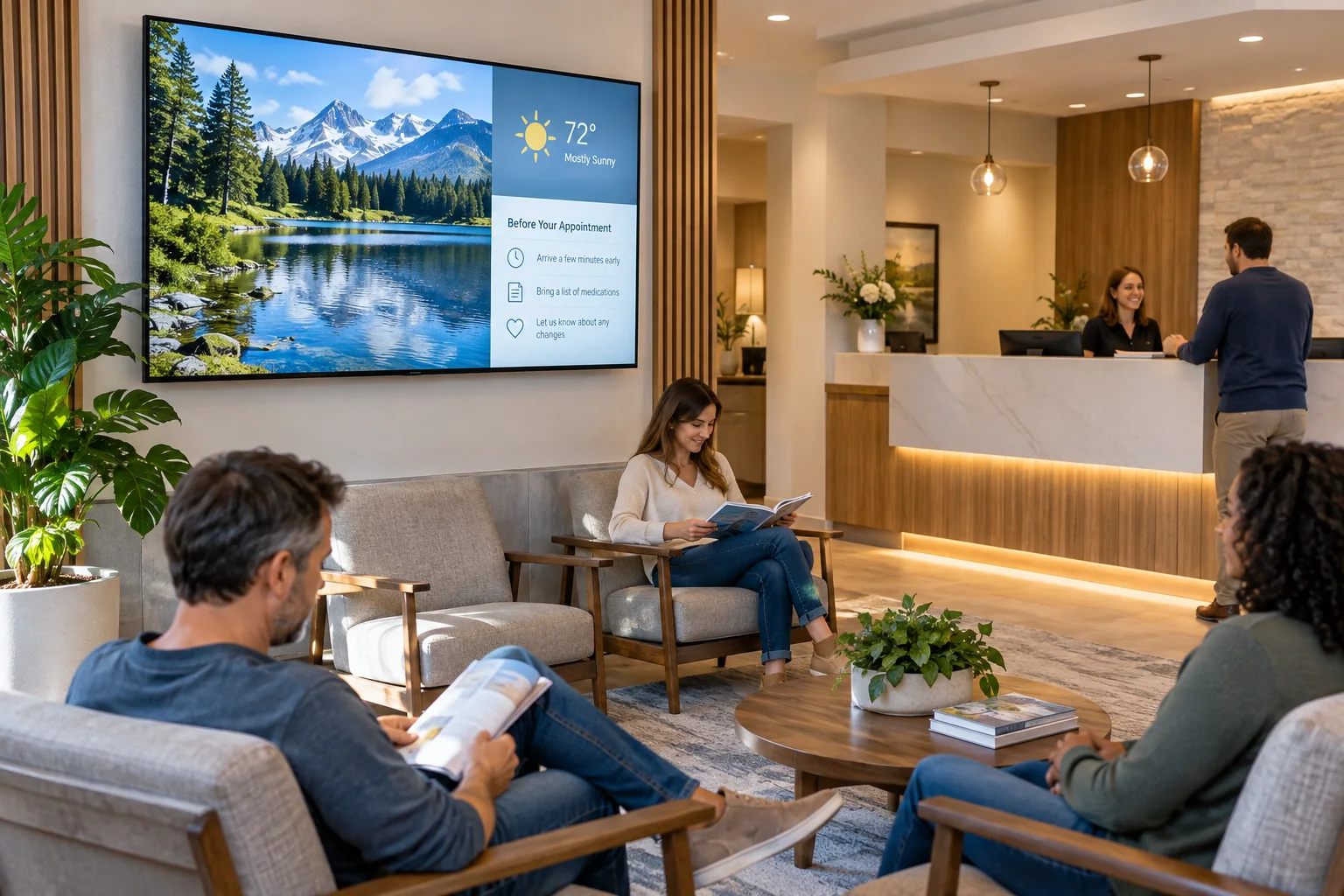 Sala de espera de un consultorio dental con pacientes y una pantalla de video tranquilo e información general.