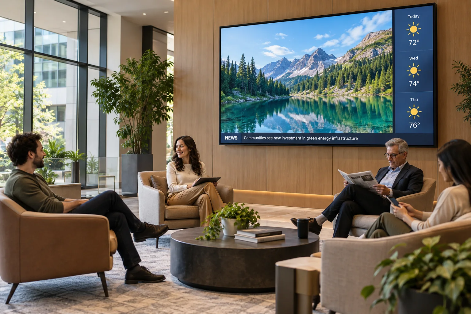 Sala de espera con visitantes sentados y una pantalla con video de naturaleza, clima y noticias.