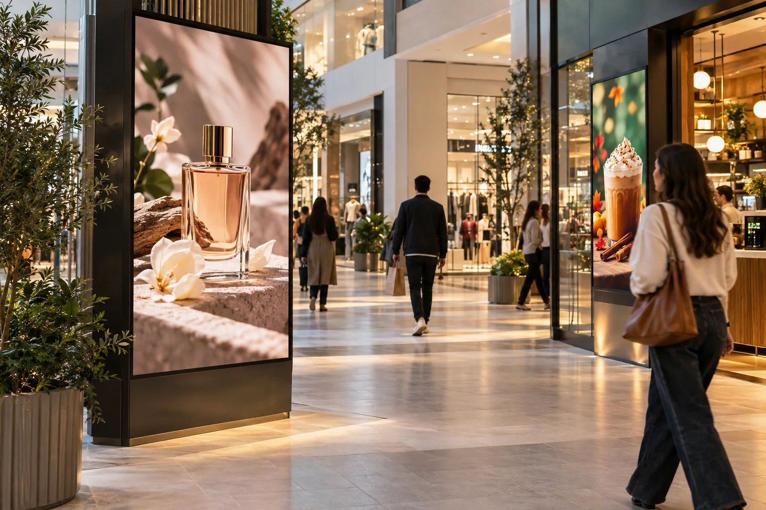 Pasillo comercial con pantallas verticales de publicidad de fragancias y café.