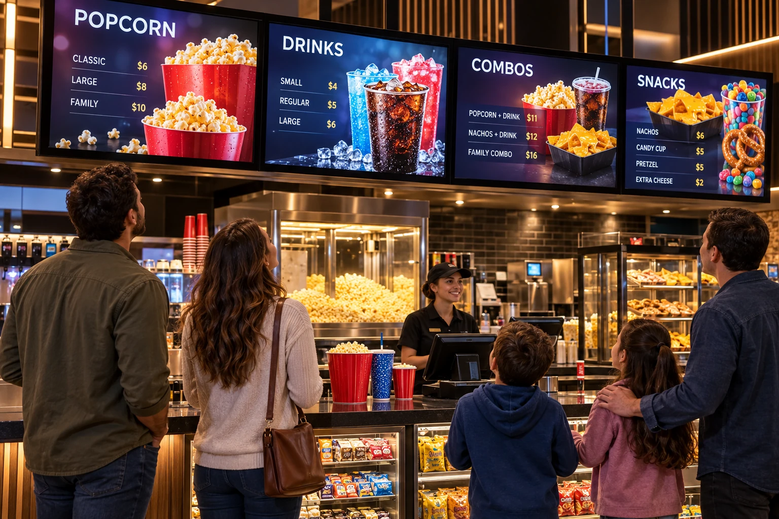 Clientes eligiendo palomitas, bebidas y snacks en los menús digitales de un cine.