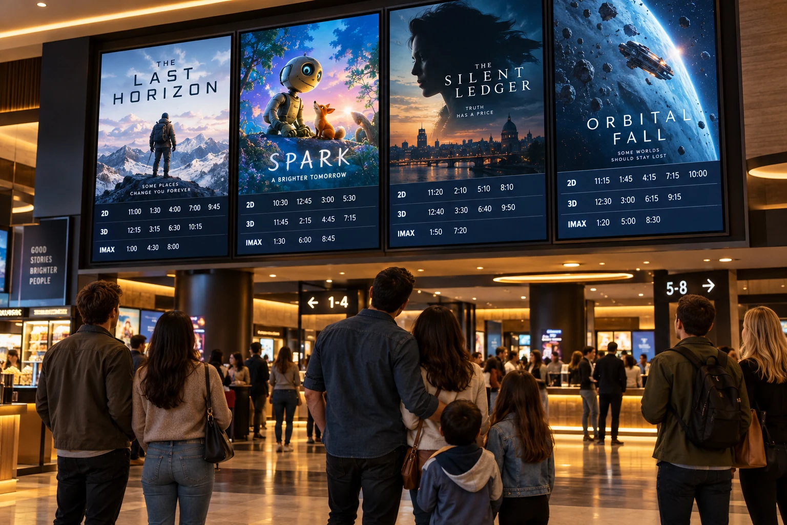Visitantes mirando carteles y horarios en varias pantallas digitales del lobby de un cine.