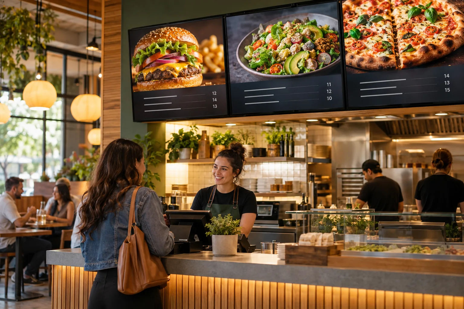 Mostrador de restaurante con menús digitales de hamburguesas, ensaladas y pizza.