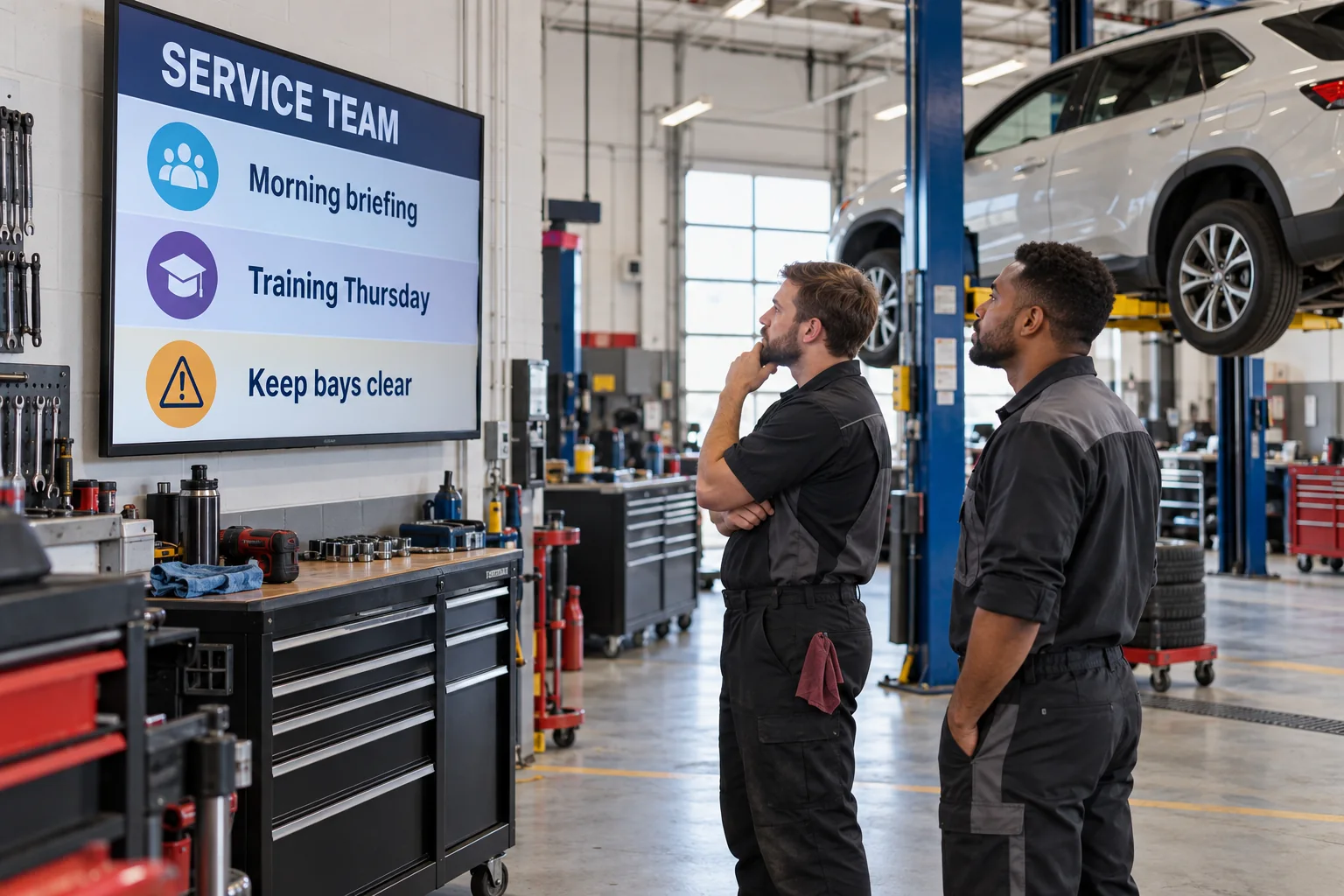 Two technicians checking a digital team noticeboard in a dealership service workshop.